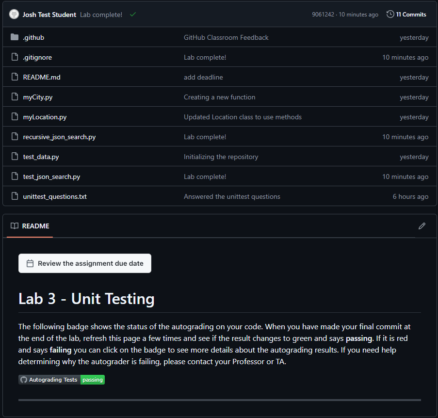 Screenshot of successful autograder tests