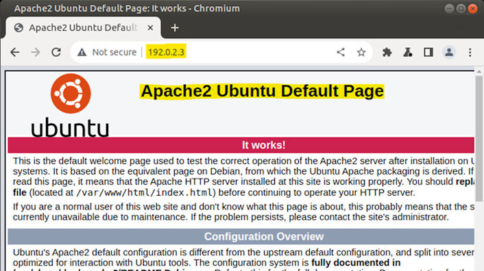 Screenshot of the Chromium web browser showing the default Apache2 landing page