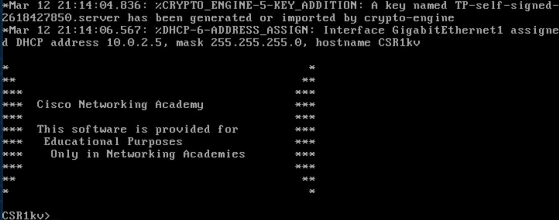 Cisco Networking Academy message that appears on first boot