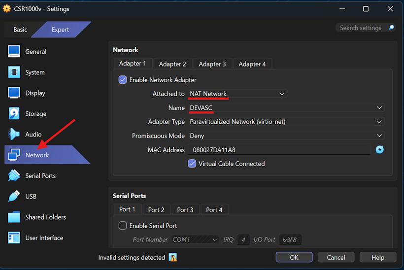 VirtualBox network settings for the CSR1000v VM