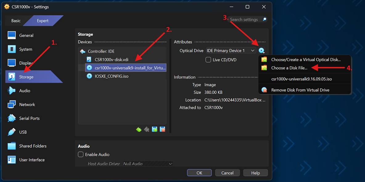 Virtualbox storage settings for the CSR1000v VM