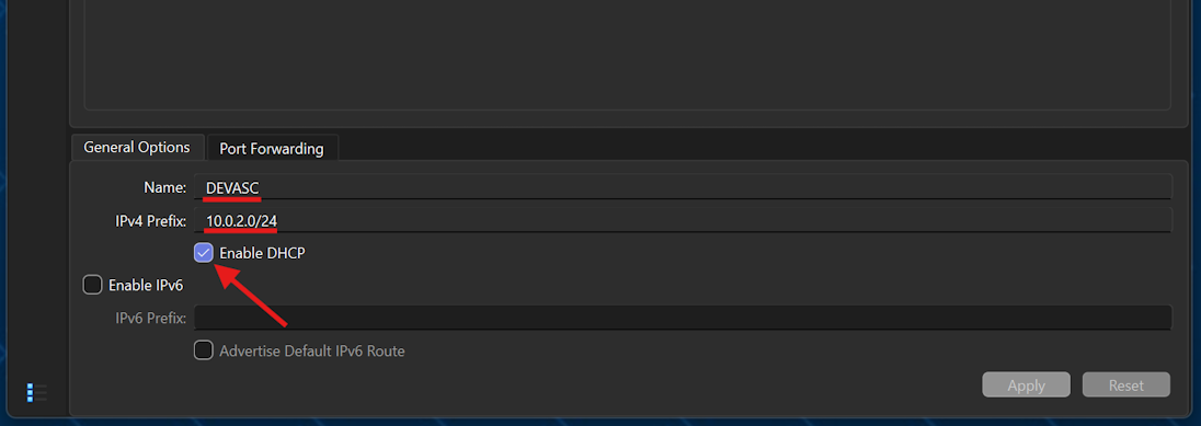 Screenshot showing where to select Enable DHCP in the VirtualBox settings
