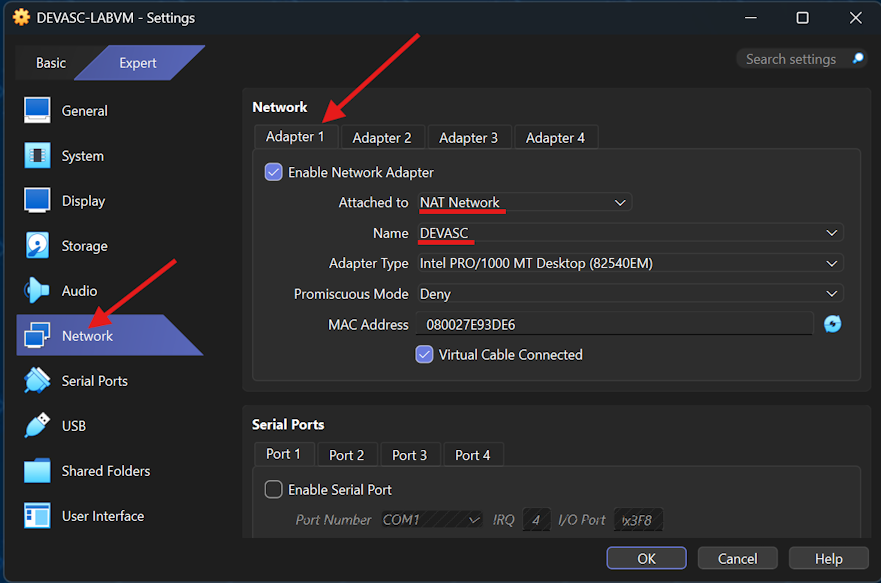Screenshot showing the network adapter settings for the DEVASC VM