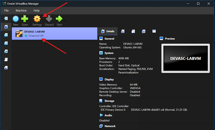 Screenshot of accessing the settings of the DEVASC-LABVM virtual machine