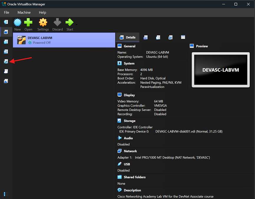 Screenshot showing the location of the VirtualBox Tools Button
